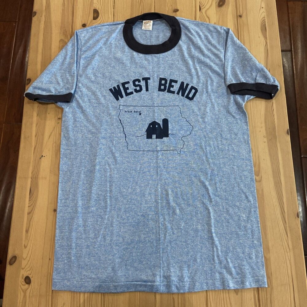Vintage 80s SS Ringer T Shirt Blue West Bend Iowa Graphic Farm Large 42-44
